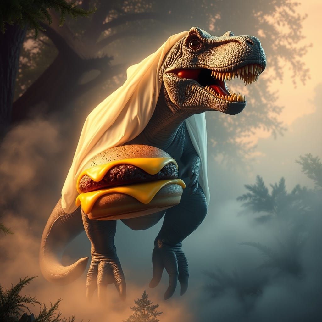 T Rex Devours a Juicy Cheeseburger in a Dreamlike Landscape