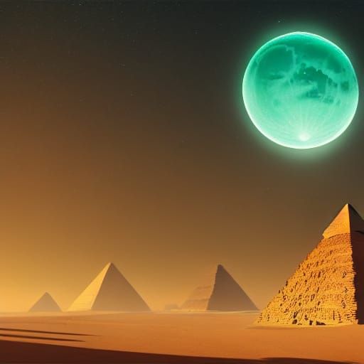 Green Moon Over Desert Pyramids in Dark Fantasy Style