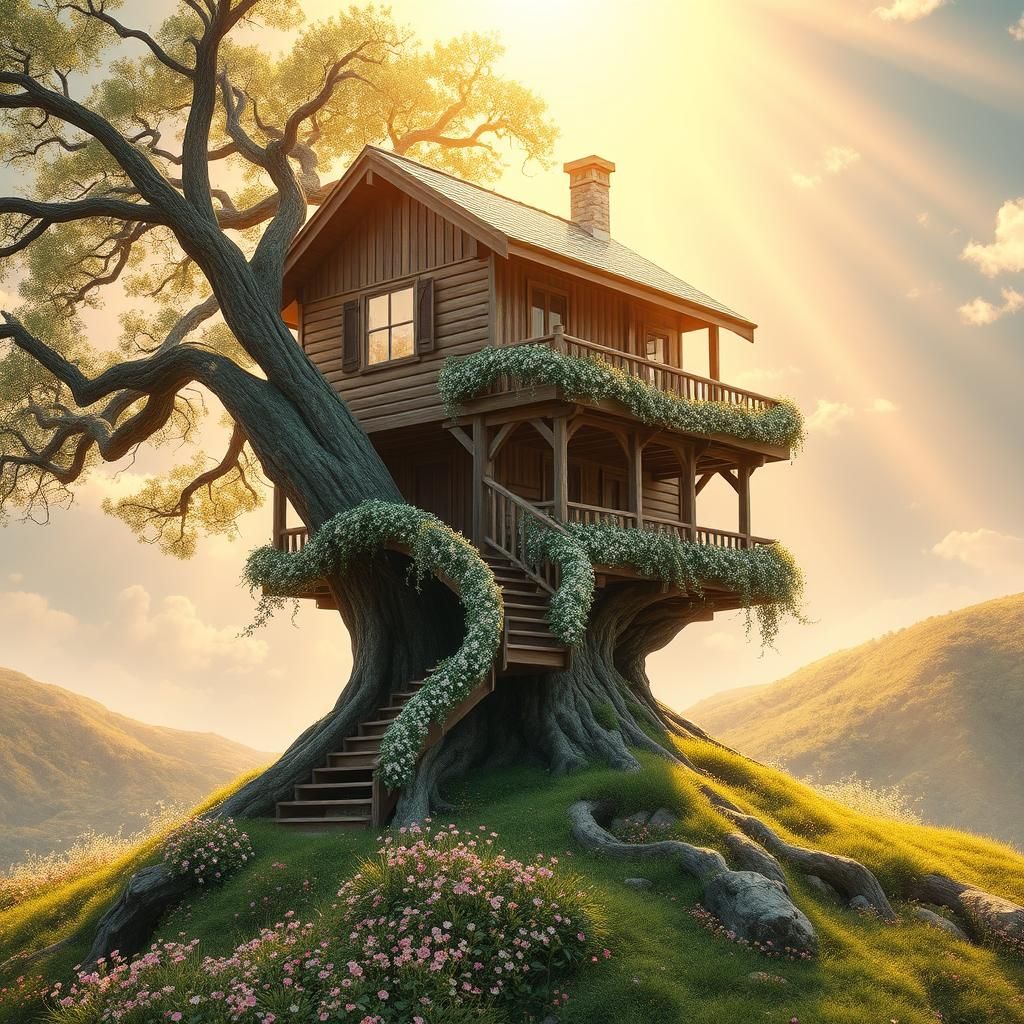 Ethereal Treehouse with Mistletoe Stairs in Golden Light
