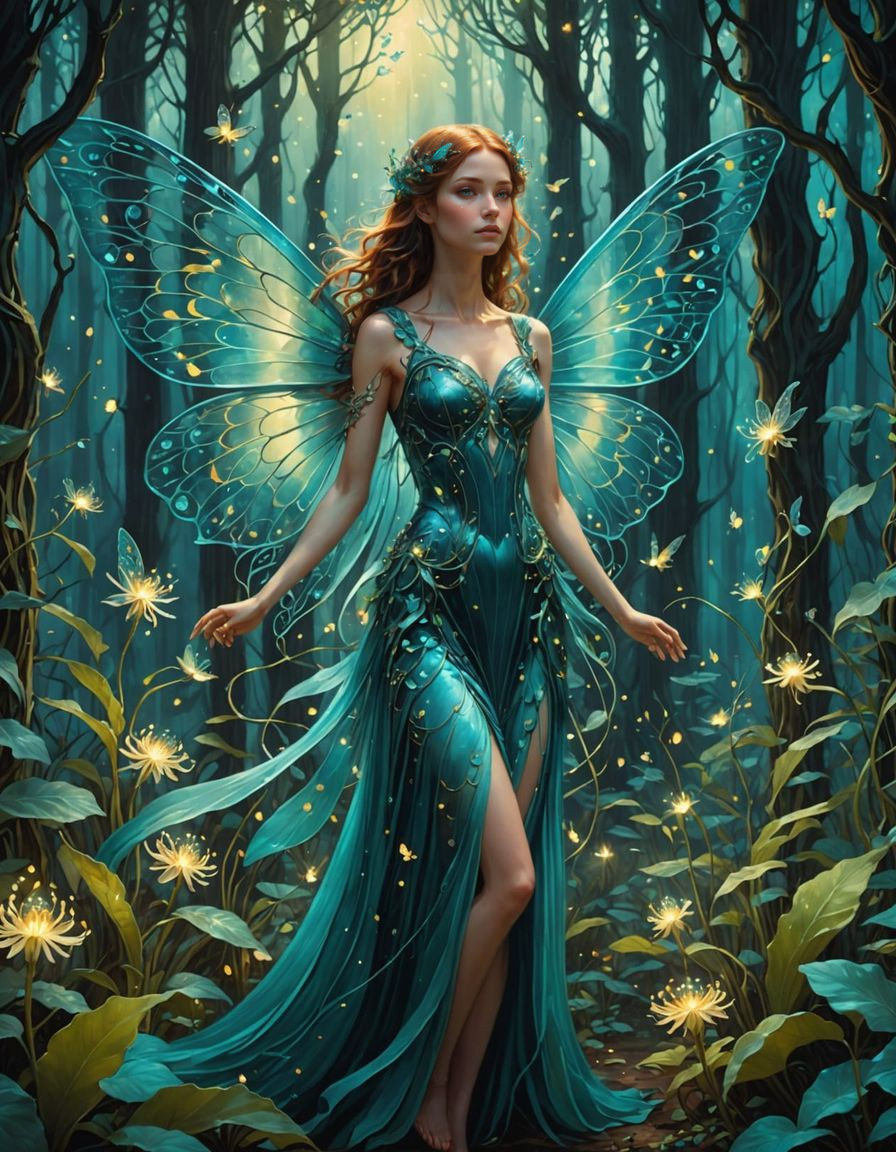 Turquoise Fairy in Bioluminescent Forest, Art Nouveau Style
