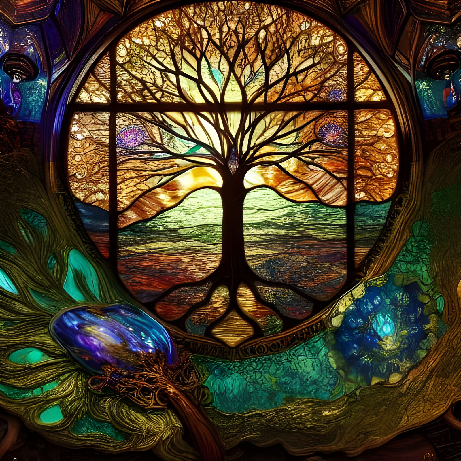 Glowing Stained-Glass Tree of Life: Detailed Fantasy Art