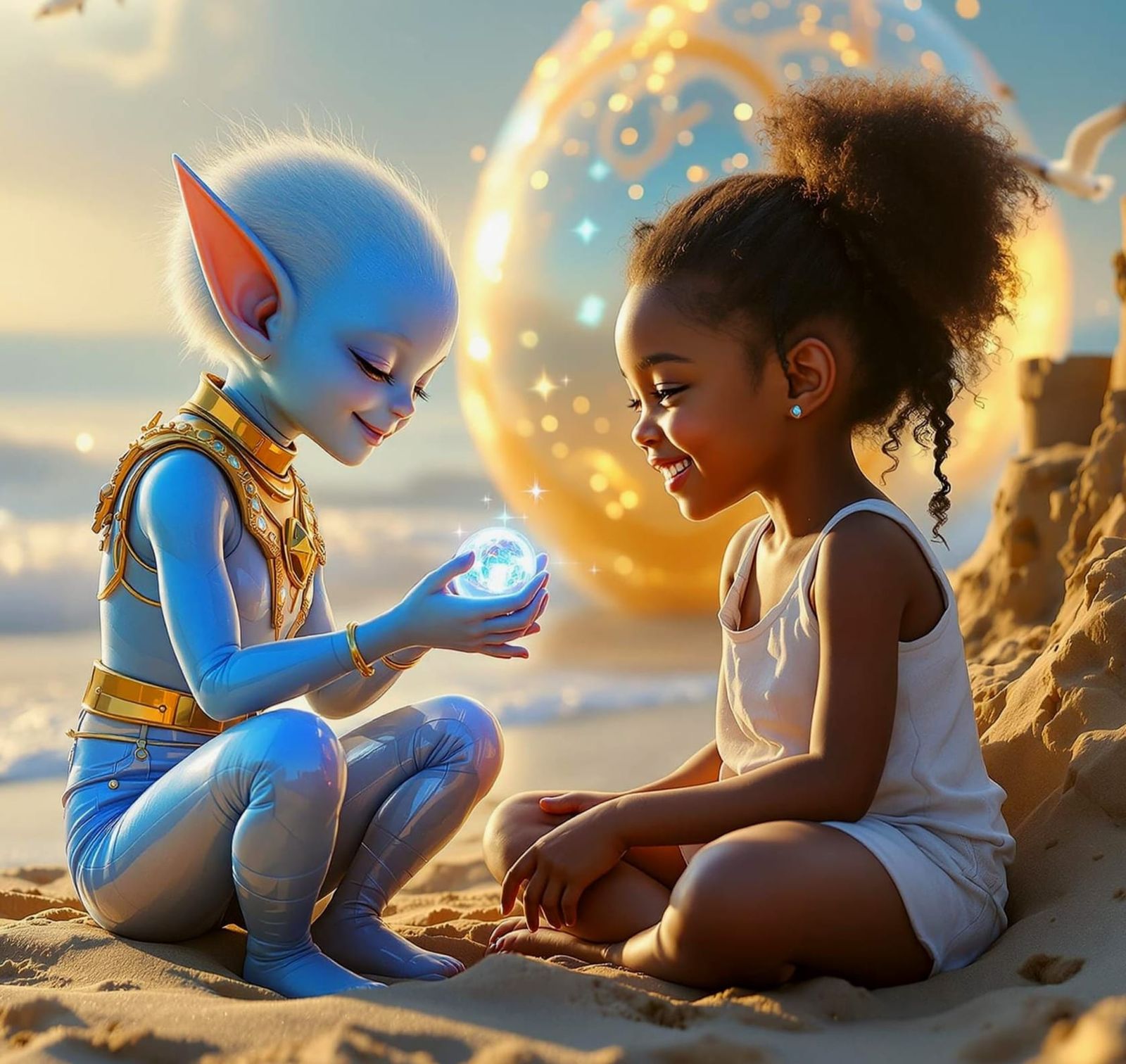 Children Meet Alien Friends on a Cosmic Beach