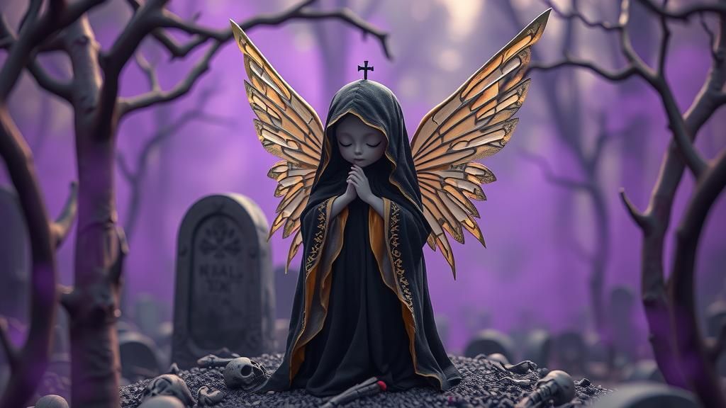 Cute Angel of Death in Dark Fantasy Graveyard