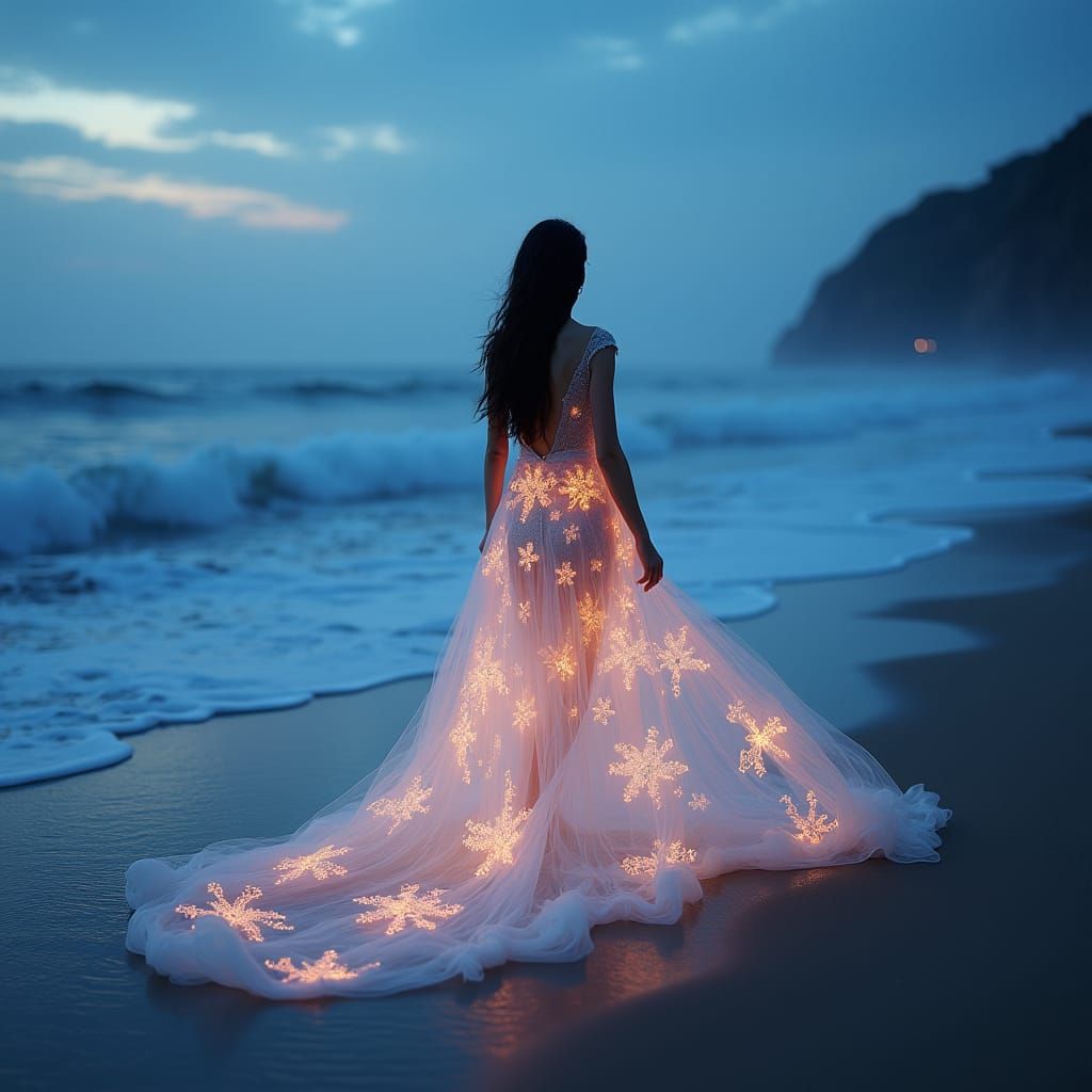 Ethereal Woman on Foggy Beach with Bioluminescent Dress