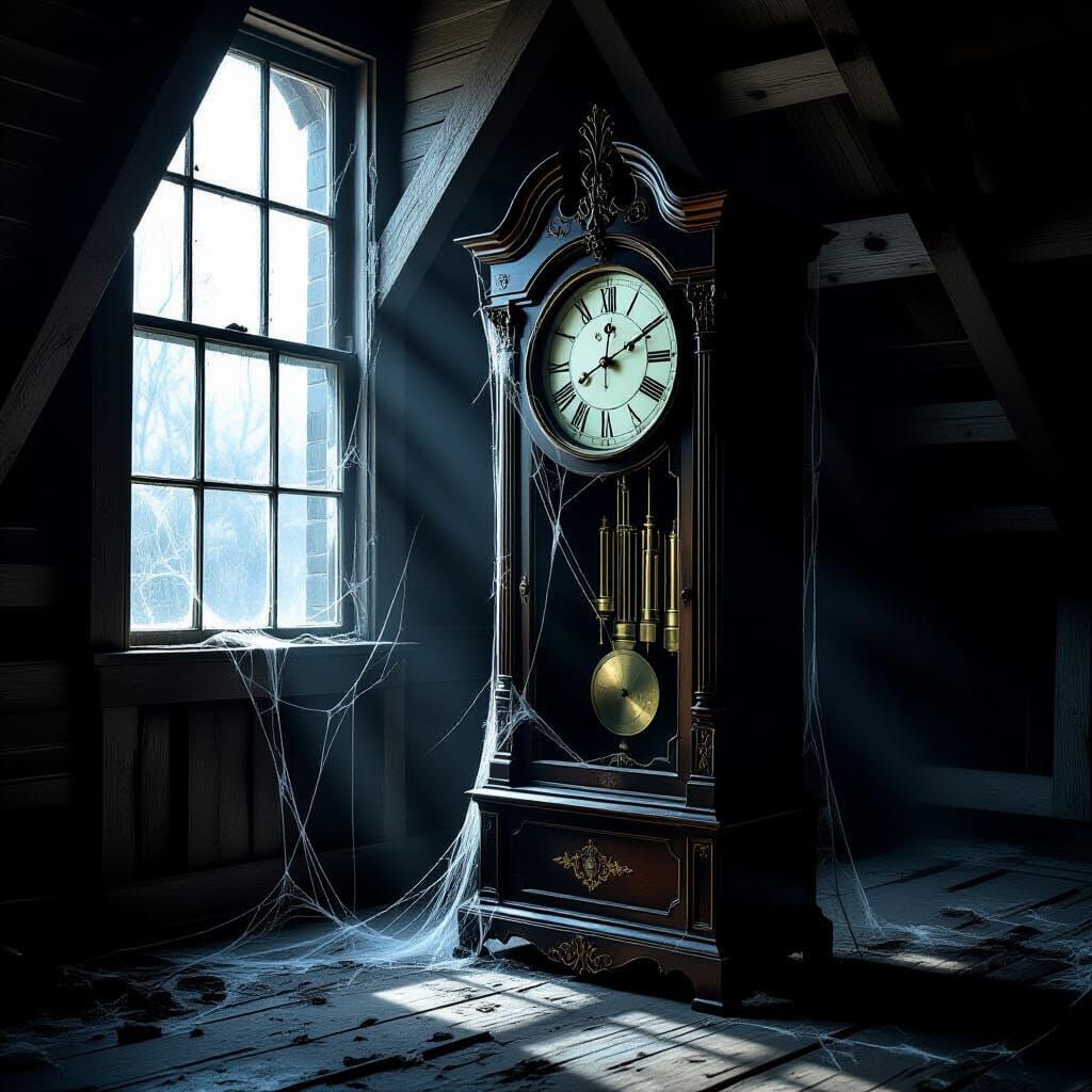 Weathered Grandfather Clock in Dusty Attic, Ethereal Light
