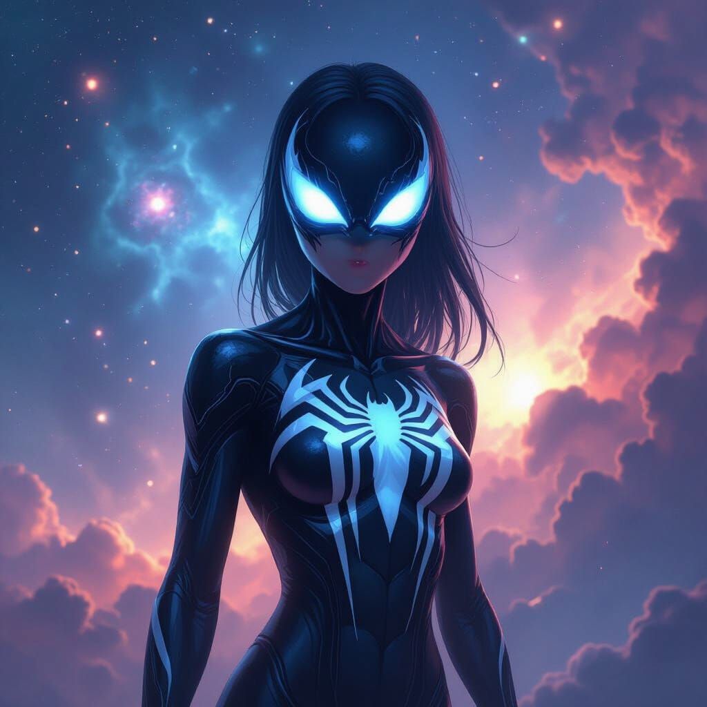 Female Venom Symbiote With Blue Eyes In Cosmic Style