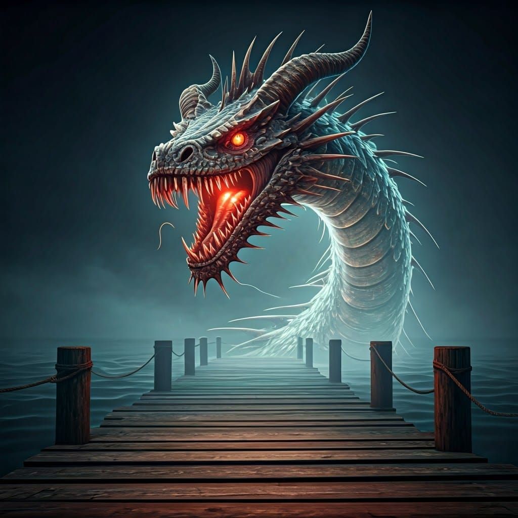 Surreal Steampunk Horned Sea Serpent Rises from the Fog