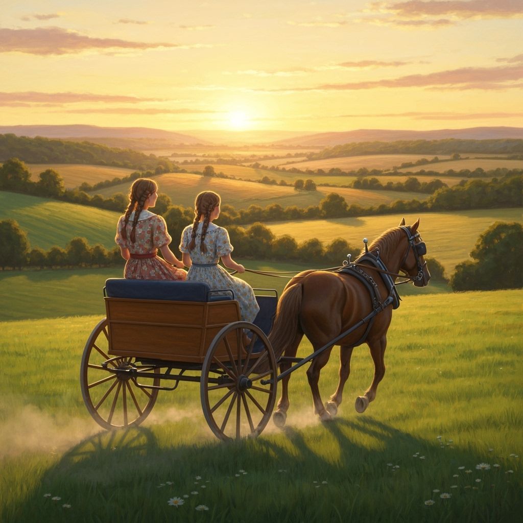 Amish Girls' Horse Ride in Fantastical Landscape