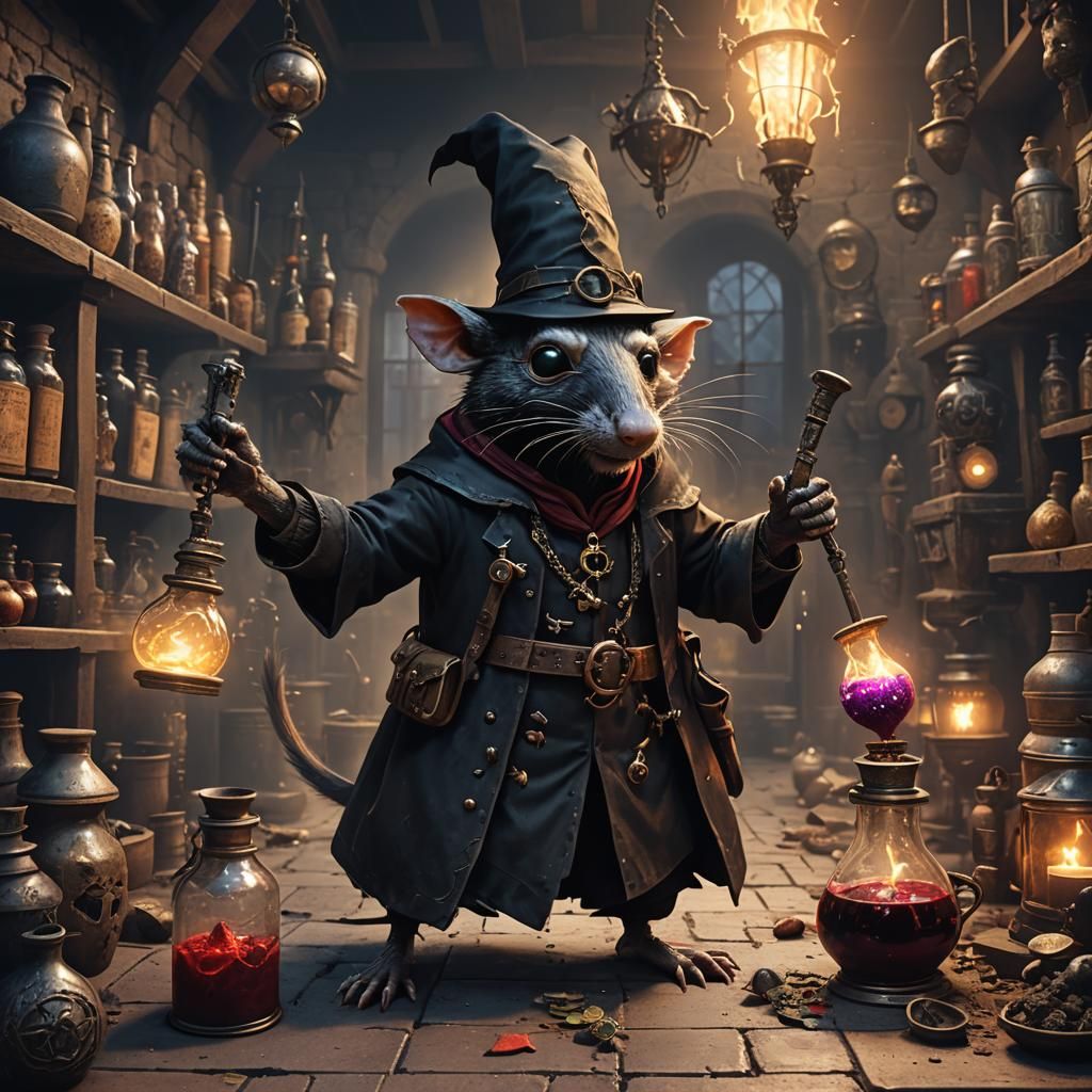 Rat Alchemist Conjuring Potion, Detailed Matte Painting