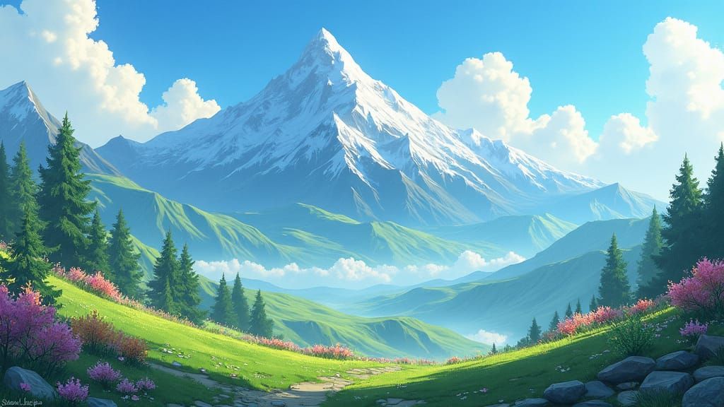 Majestic Mountain Range in Anime Style