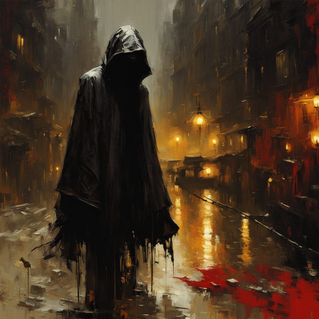 Vampire in Dark Urban Alleyway, Expressionist Oil Painting