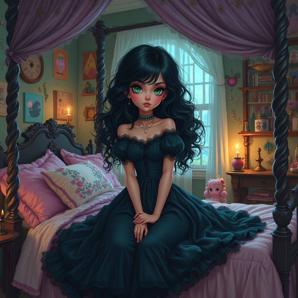 Mystical Teenage Girl in Whimsical Gothic Bedroom