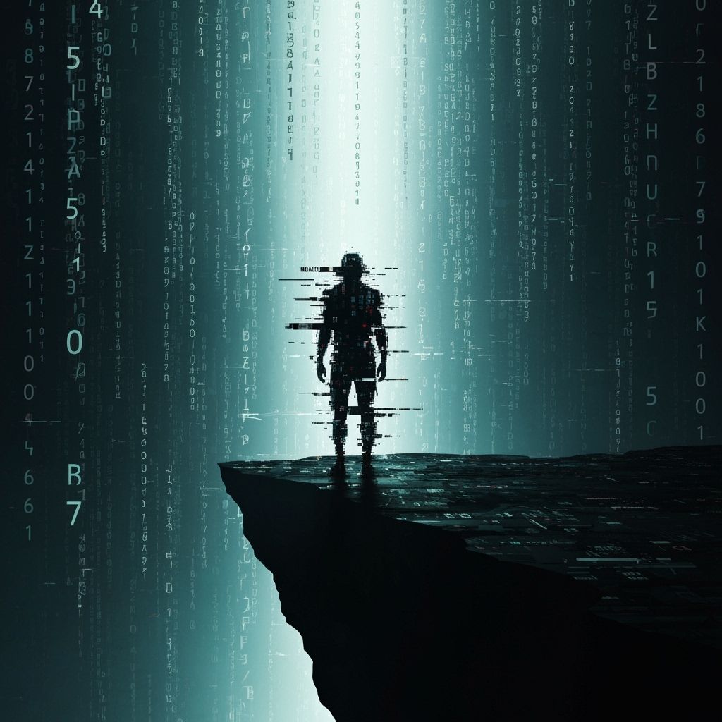 Cyberpunk Figure Overlooking Digital Landscape