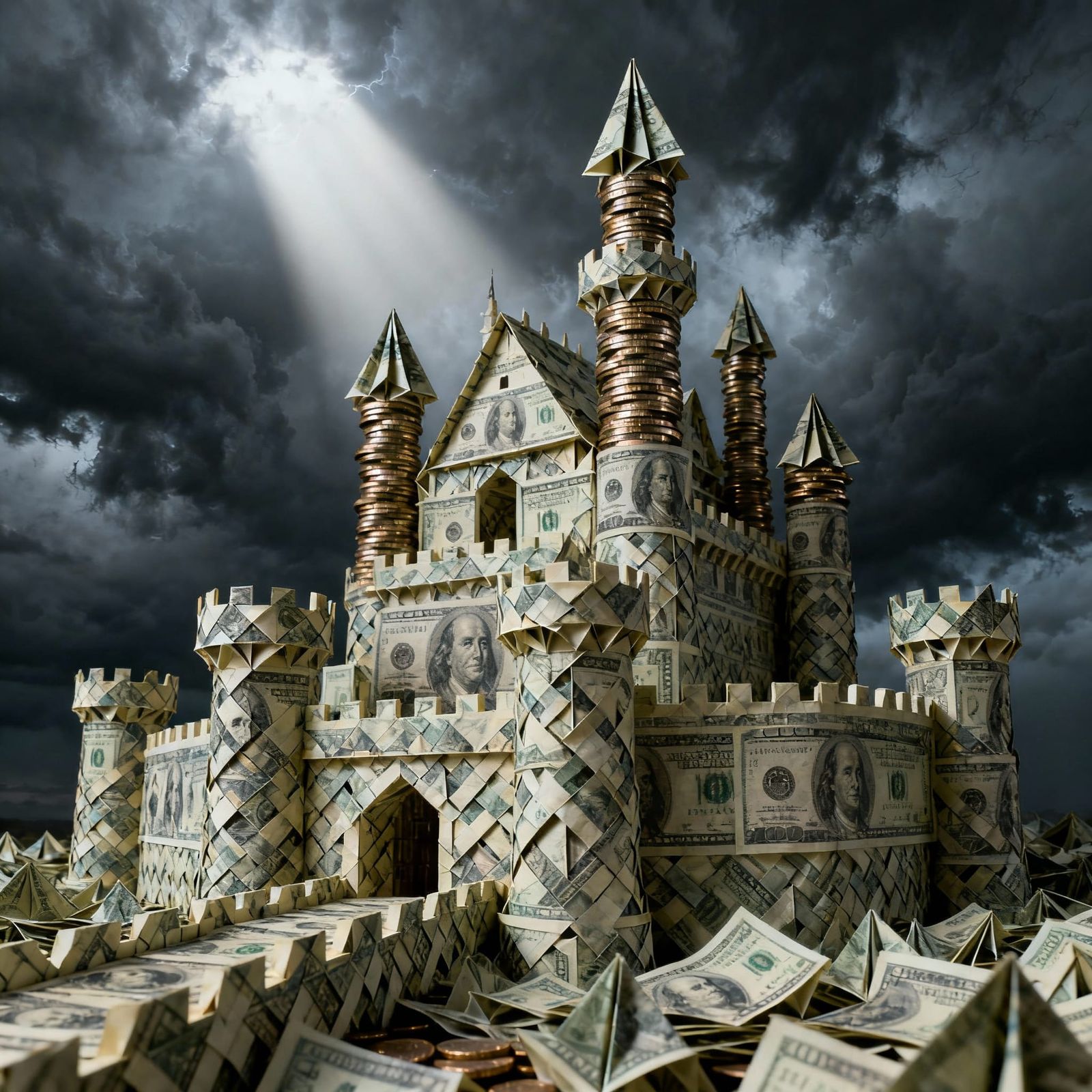 Majestic Castle of Folded Dollar Bills and Coins