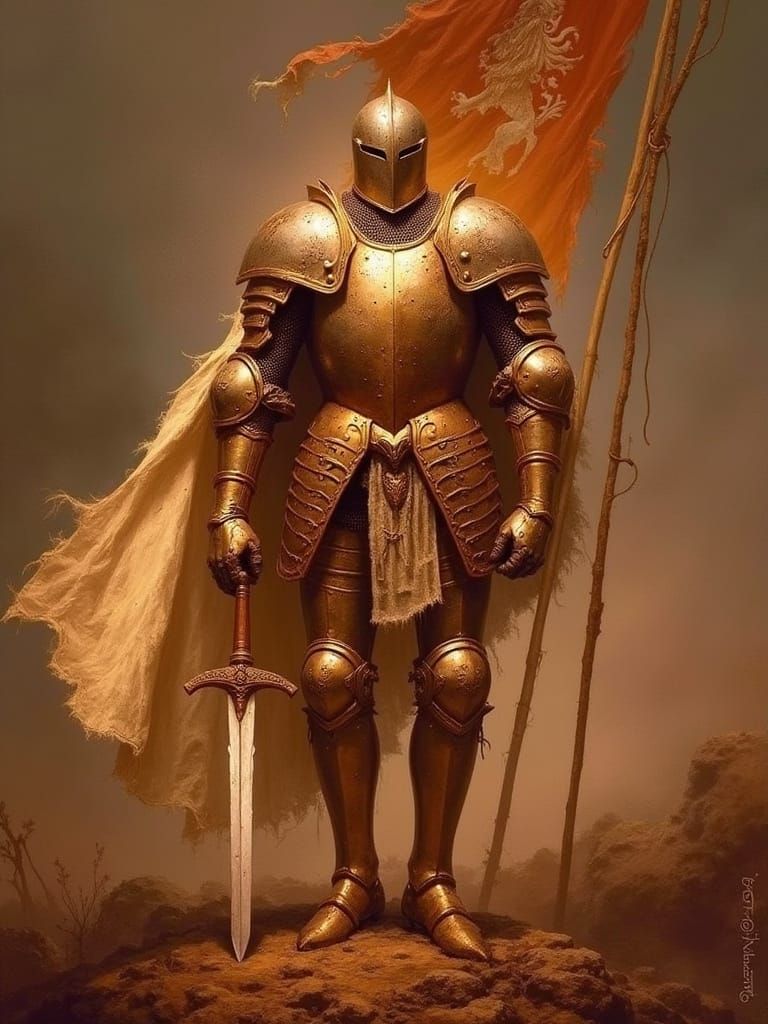 Valiant Knight on Battlefield in Dark Fantasy Style