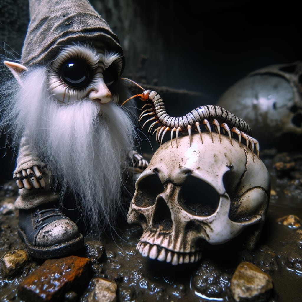Creepy Gnome on Skull in Dark Basement