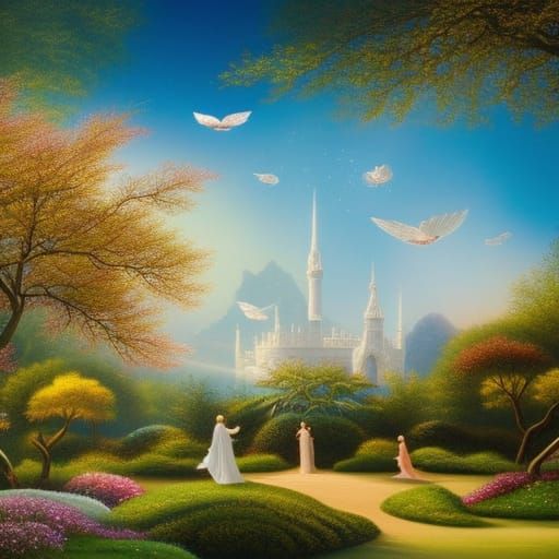 Heavenly Garden: Divine Beings in Surreal Landscape