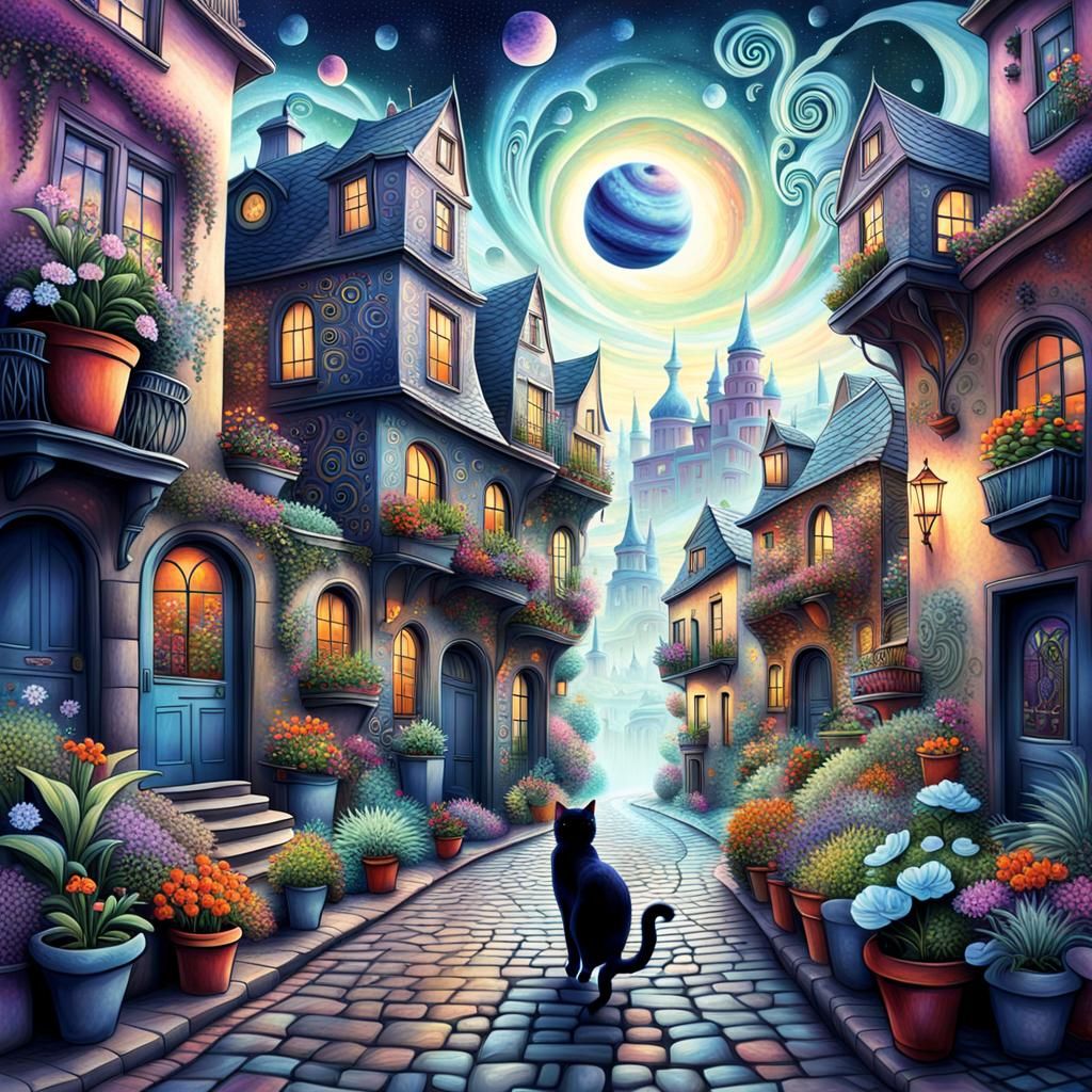 Surreal Cityscape with Cat Person in Dreamy Colors
