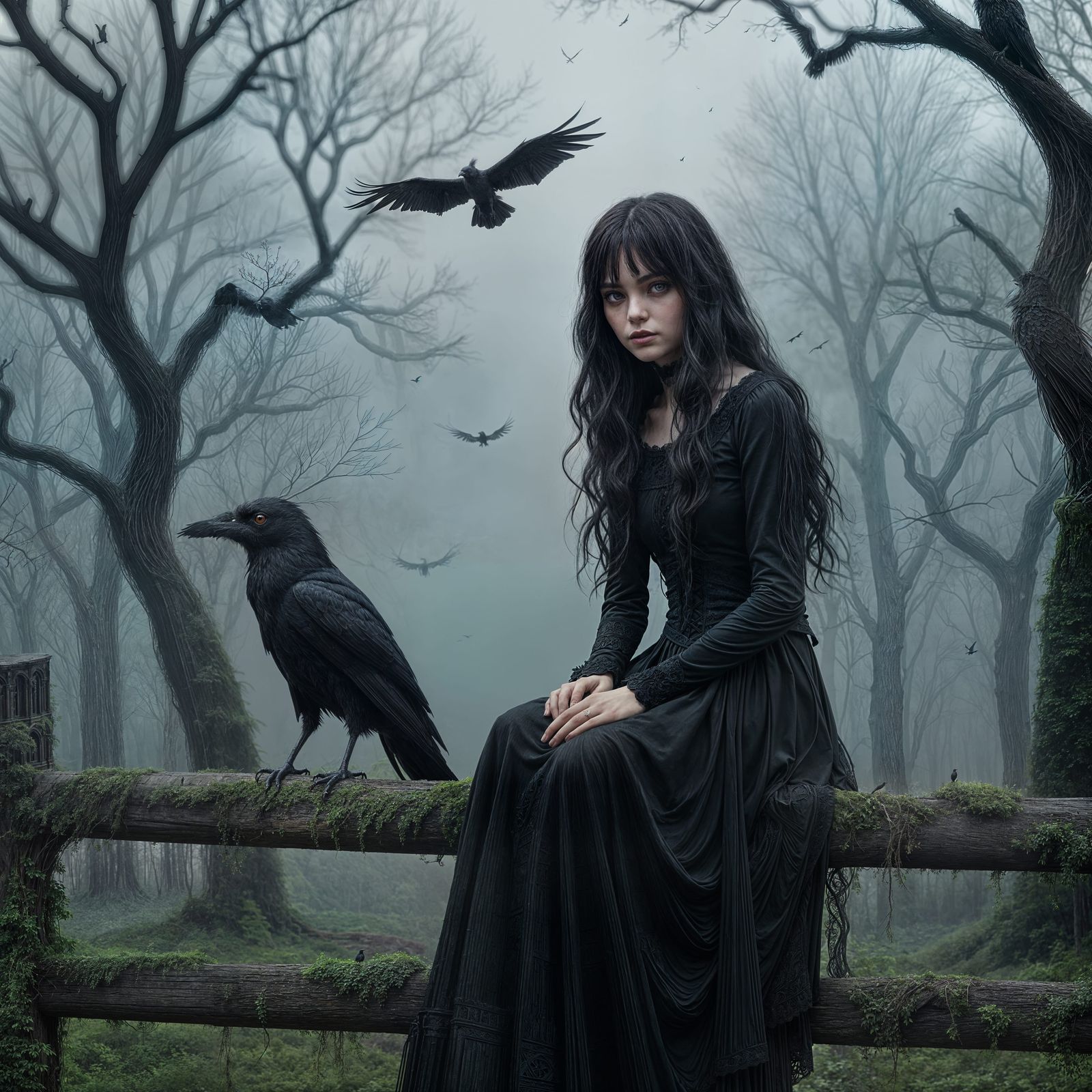 Gothic Girl with Crow in Misty Landscape
