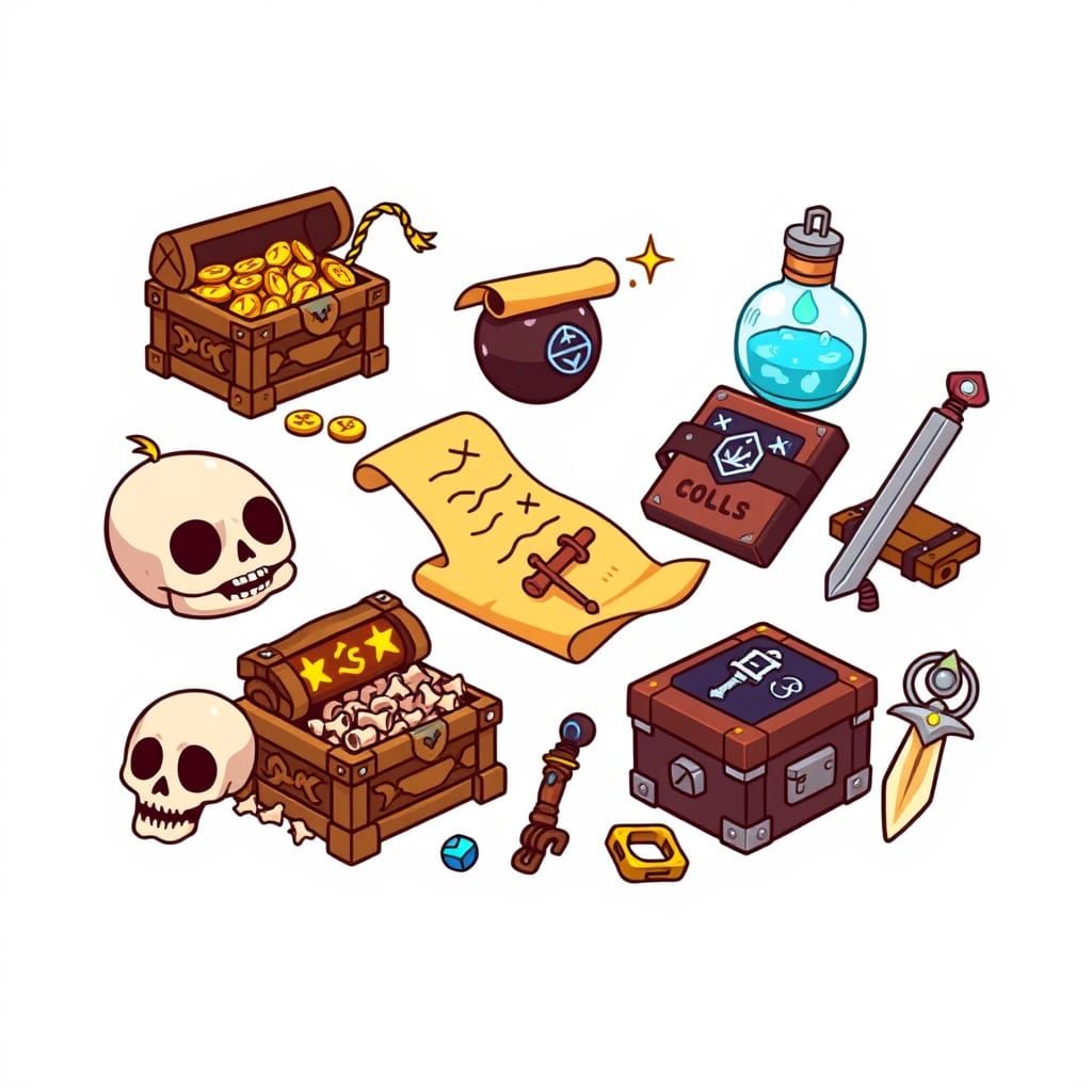 Charming Chibi-Style 2D Game Loot and Objects in Whimsical A...