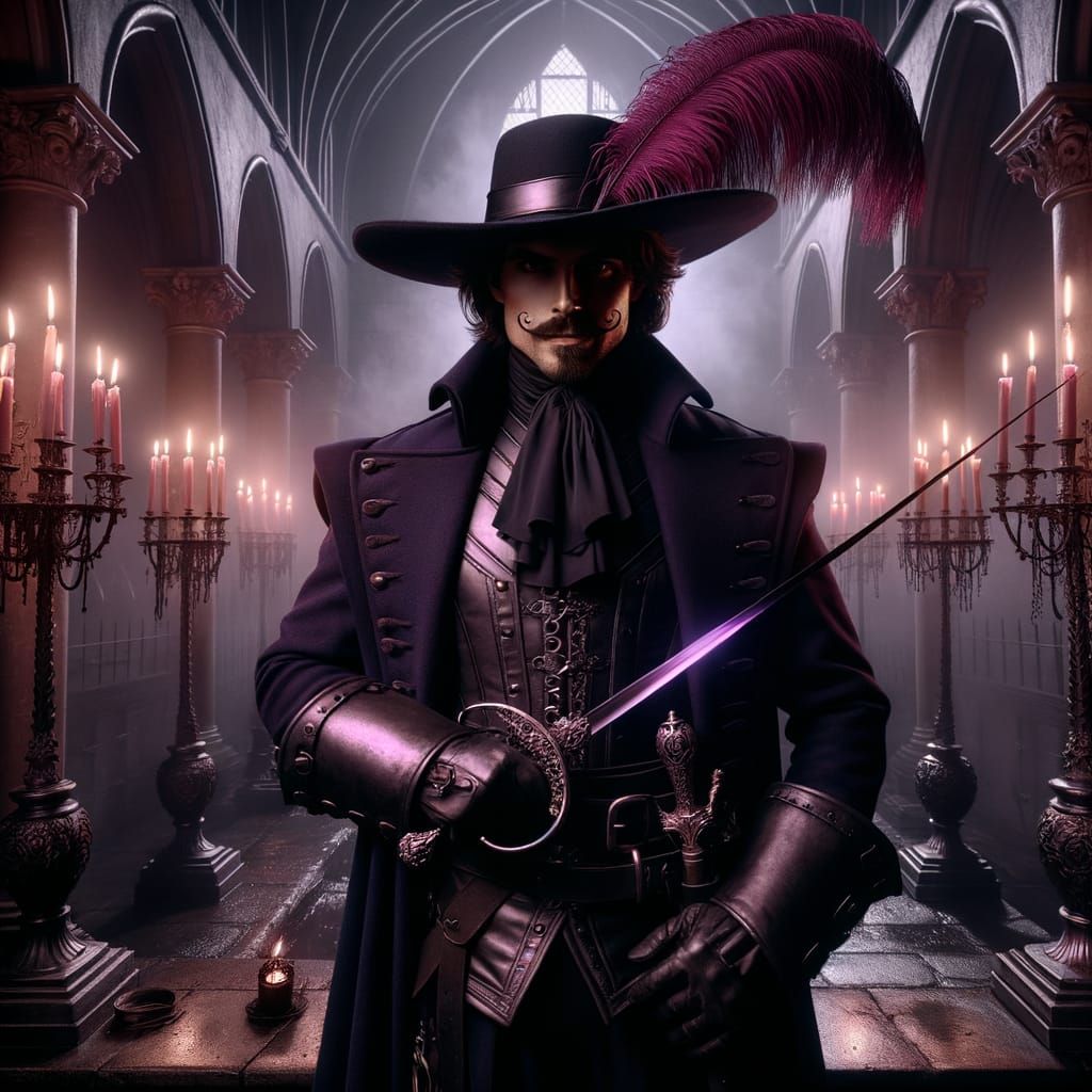 Villainous Musketeer on Cathedral Altar in Violet Light