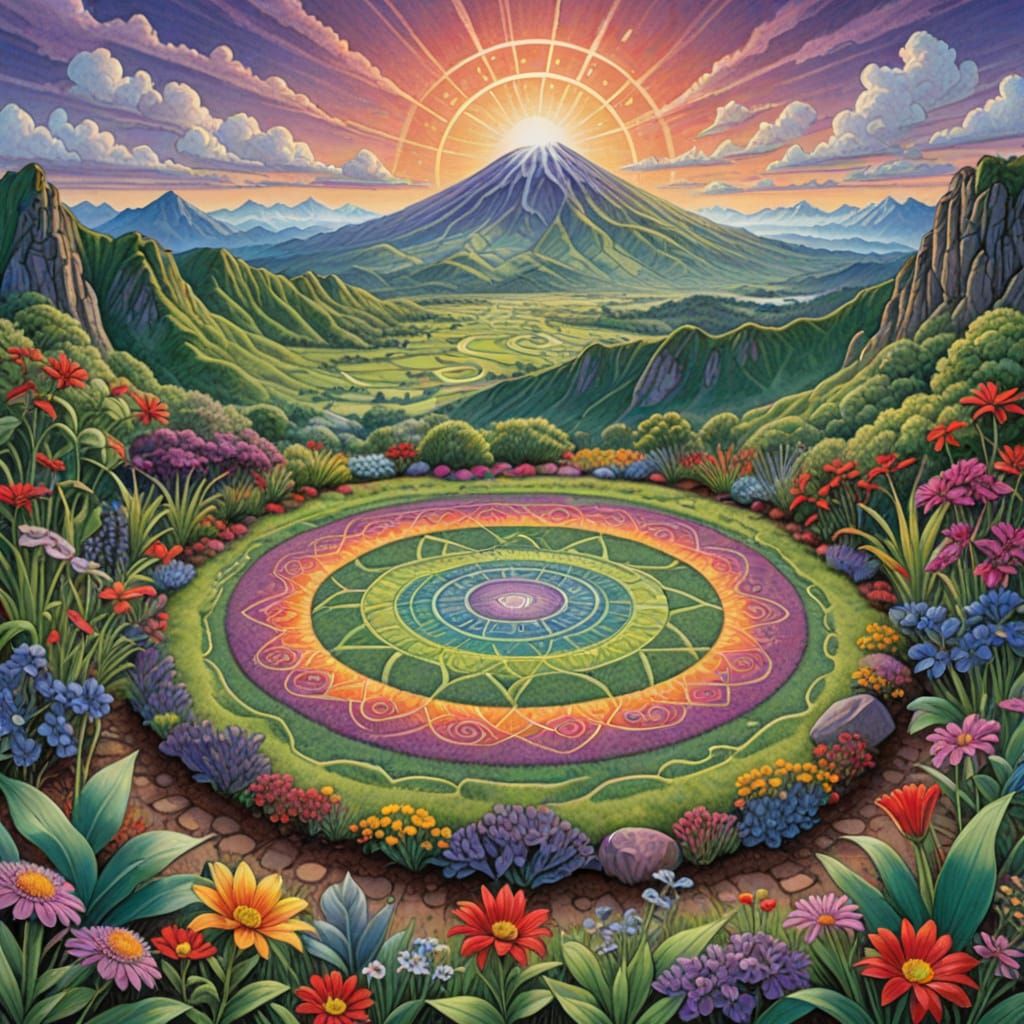 Glowing Geoglyph in Tropical Flower Garden