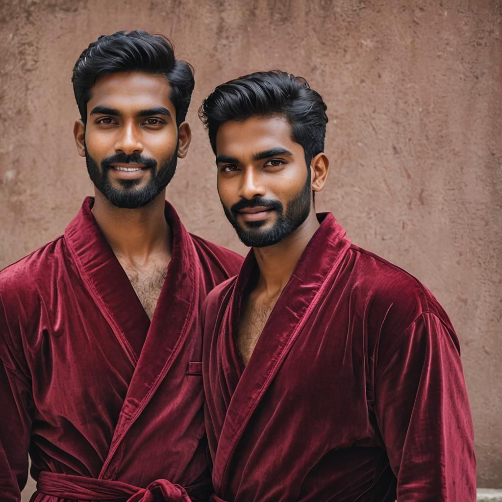 South Indian Men in Red Velvet Bathrobes: Oil Painting