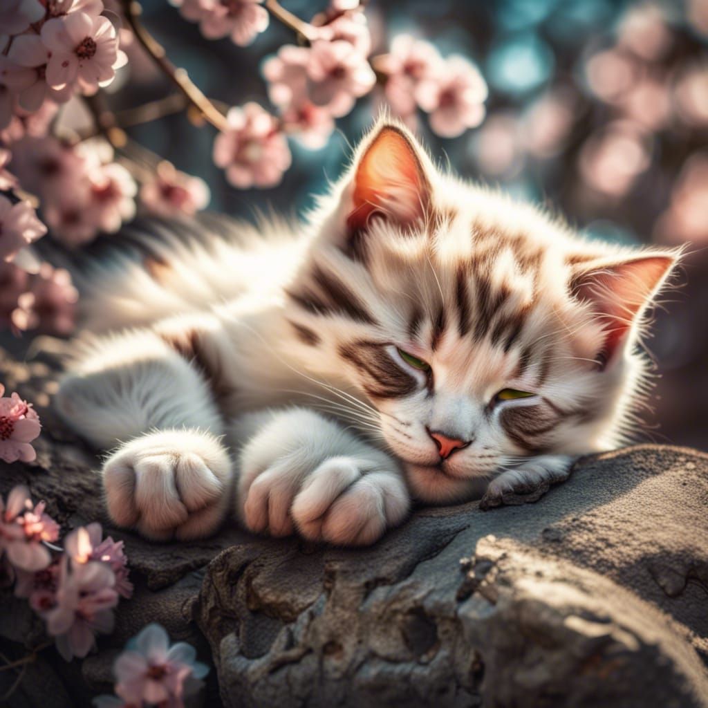 Cute Kitten Sleeping by Blossom Tree