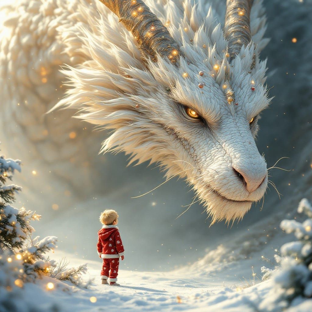 Boy and Christmas Dragon in Dreamlike Setting