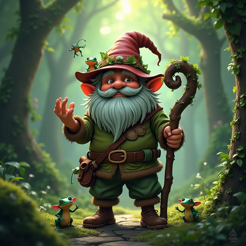 Gnome with Newt Spirits in Enchanted Forest