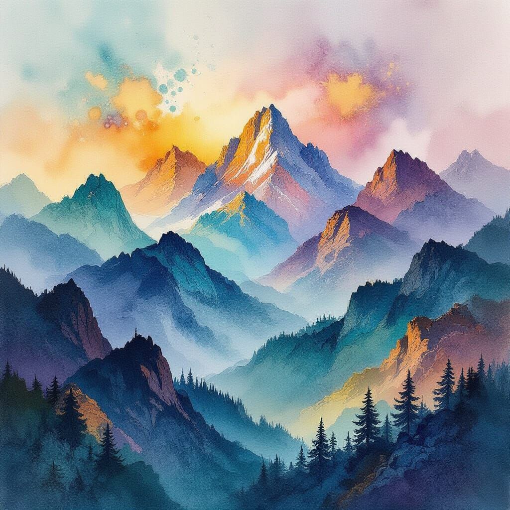 Vibrant Brusho Watercolor Mountain Landscape