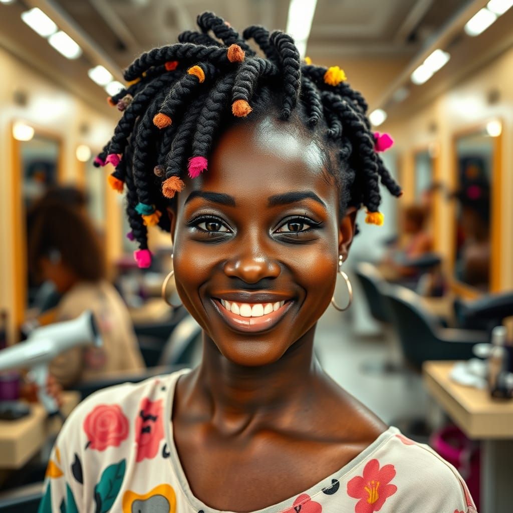Dark Skinned Black Woman in Vibrant Hair Salon