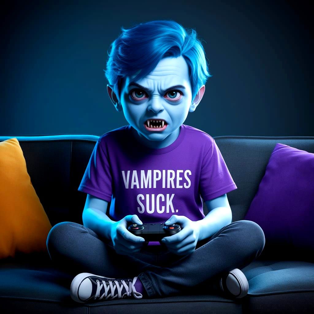 Cute Vampire Plays Video Games in a Dark, Moody Scene
