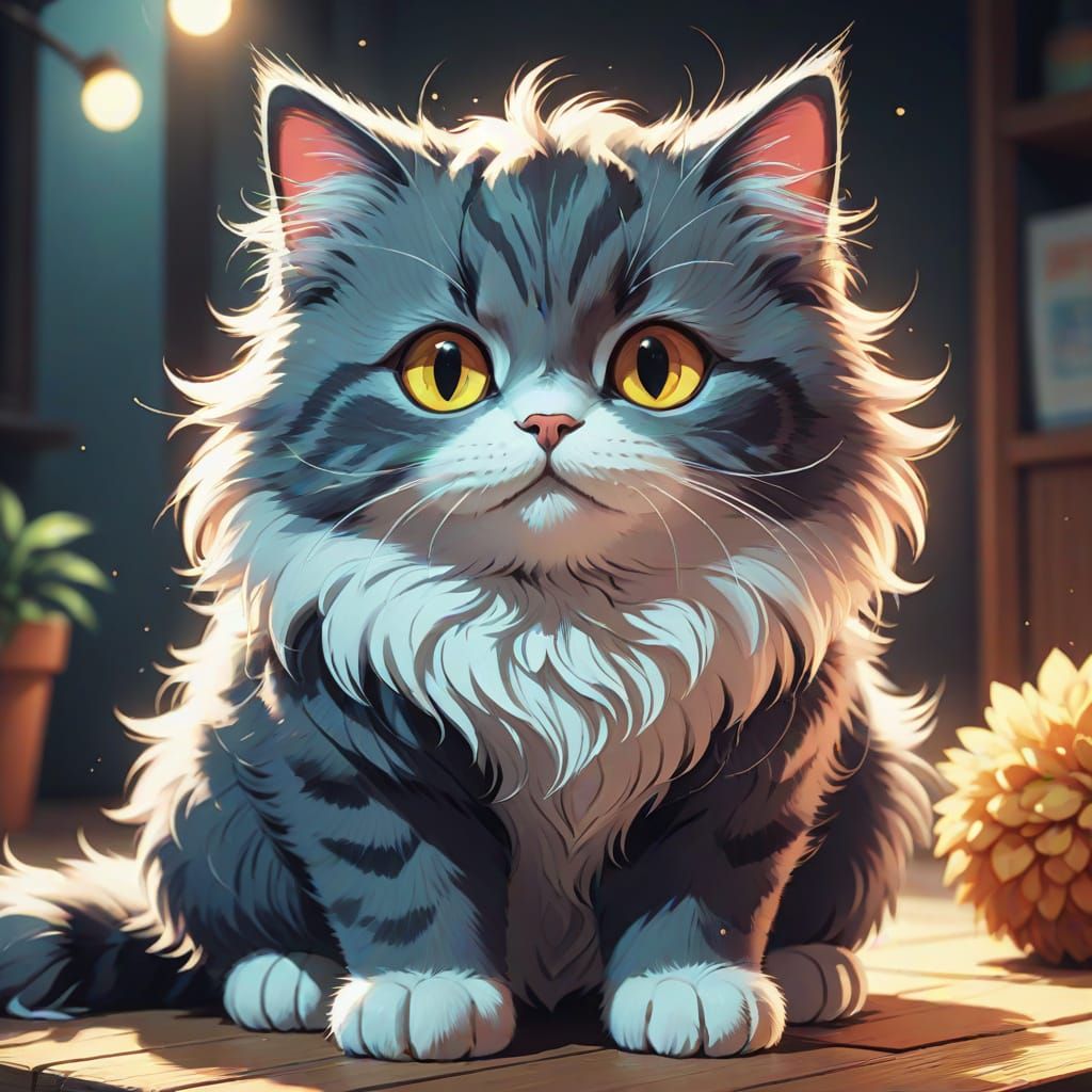 Cute Fluffy Cat in Anime Cel-Shaded Style