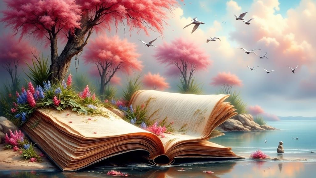 Open Book Reveals Lush Nature Scene on Mediterranean Shore