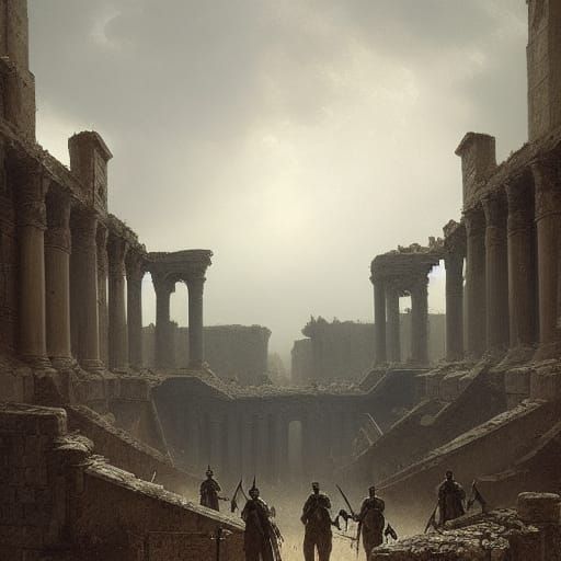 Dead Soldiers Among Ancient Ruins in Gothic Horror Style