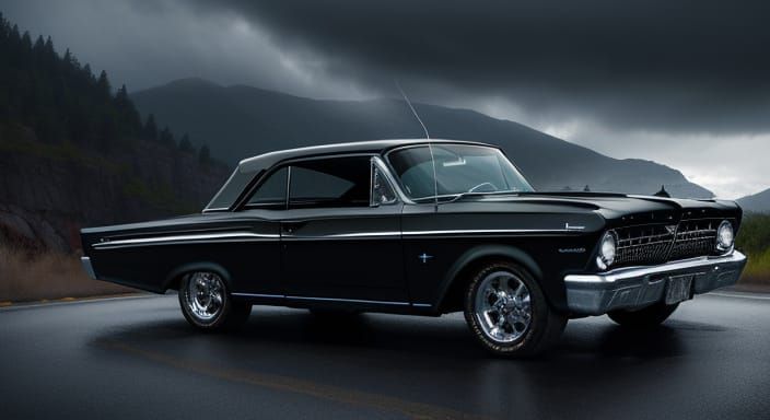 Black 1964 Ford Fairlane Thunderbolt on Mountain Road