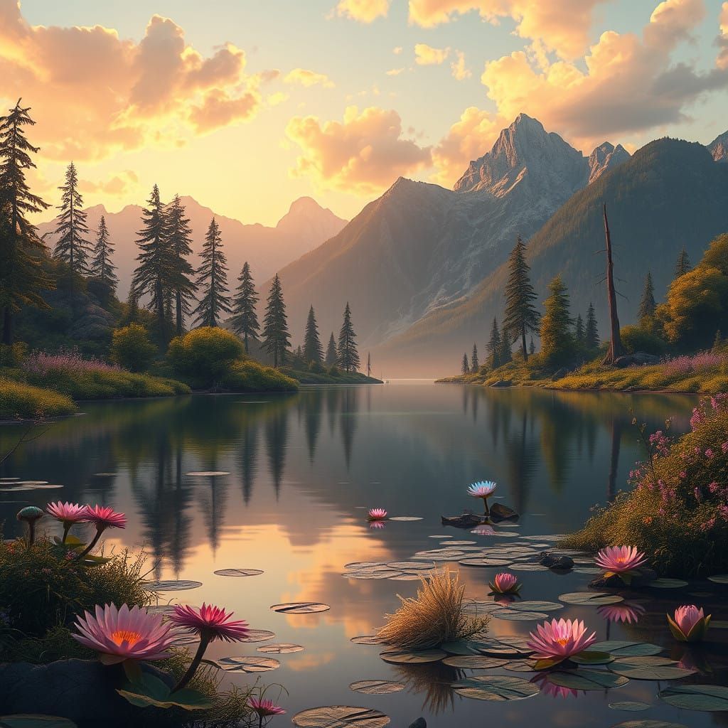Dusk Lake Oasis in Vibrant, Fantastical Realism