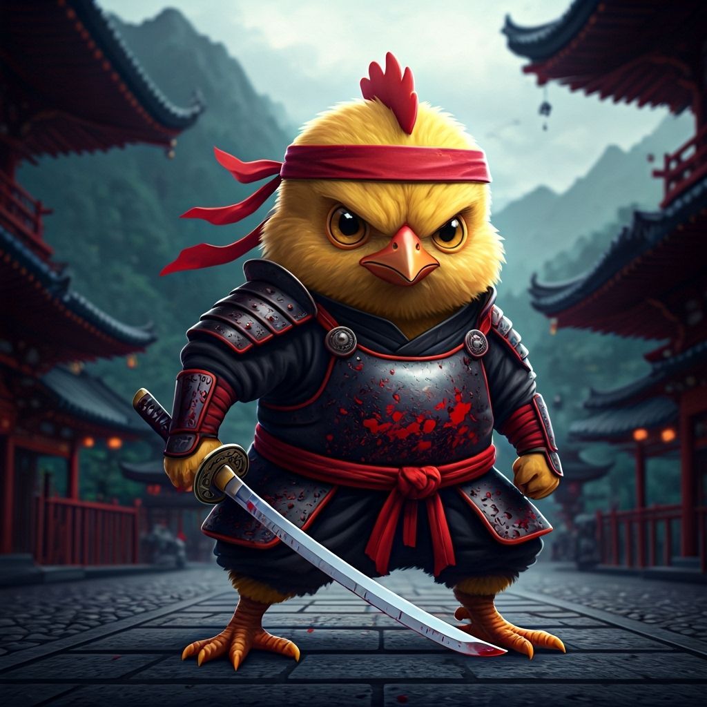 Angry Chicken Ninja with Katana in Japanese Setting