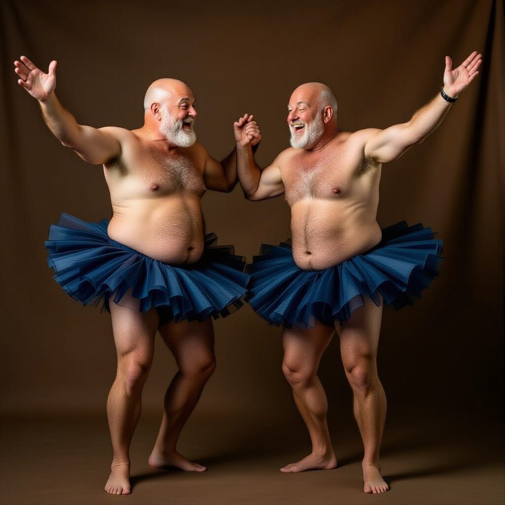 Joyful Pirouettes: Two Men in Tutus and Speedos