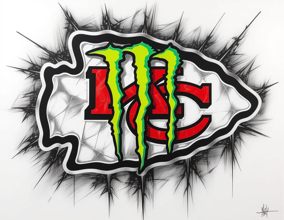 Chiefs and Monster Energy Logos in Charcoal Drawing