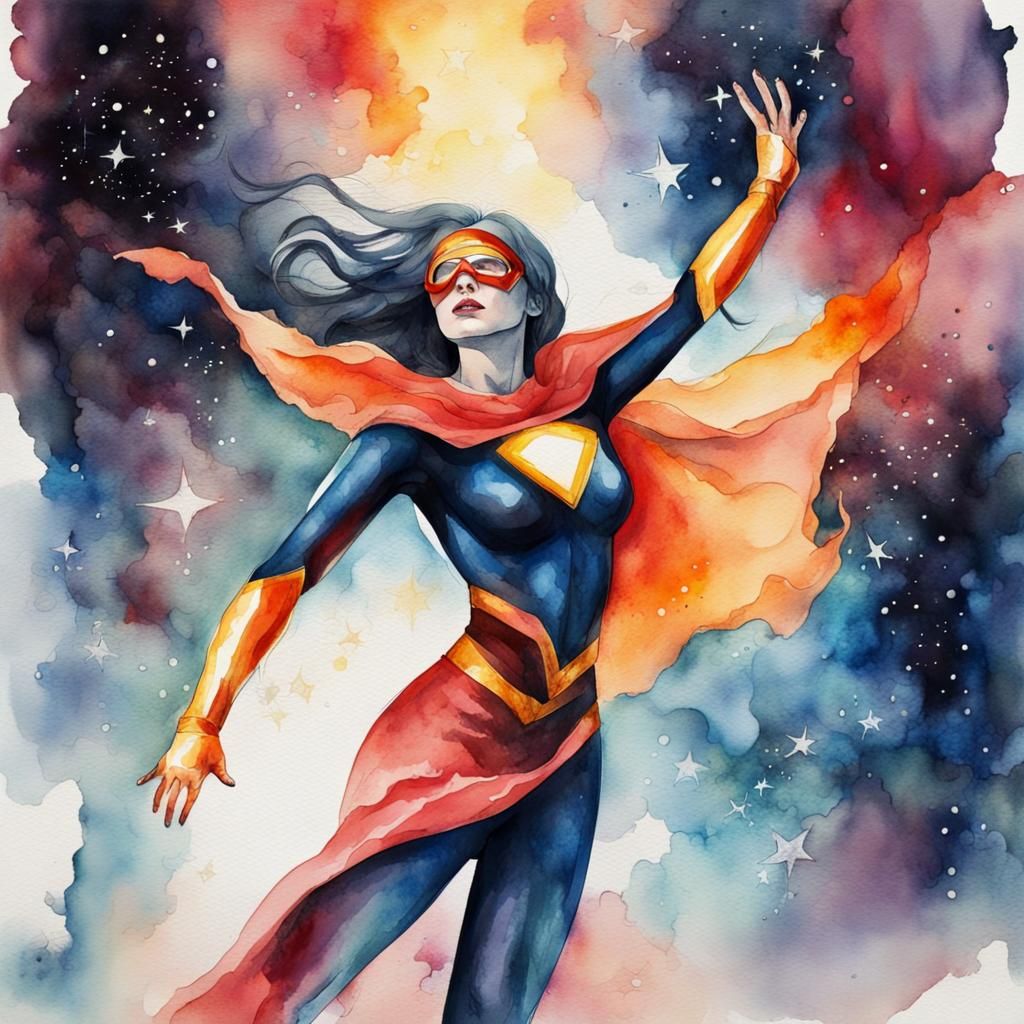 Superheroine Touches Energy Source in Watercolor