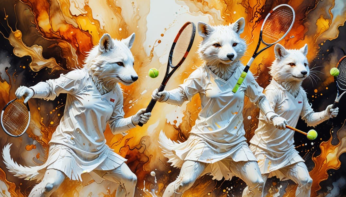 Animals Playing Tennis in Alcohol Ink Painting