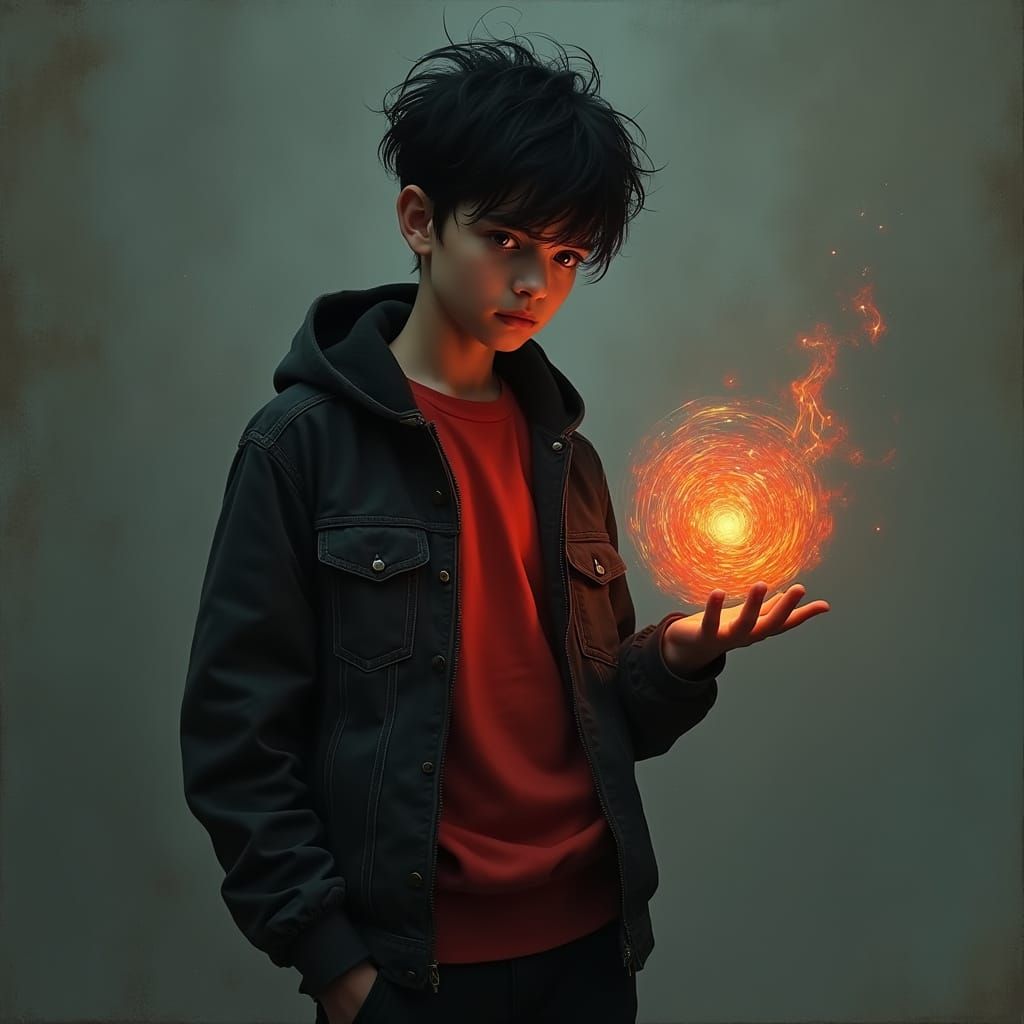 Introspective Youth with Swirling Energy Orb