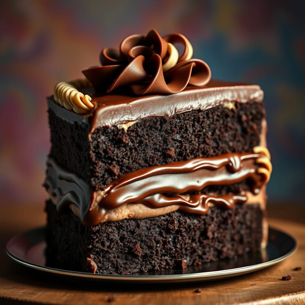 Moist Dark Chocolate Cake in Hyperrealistic Style