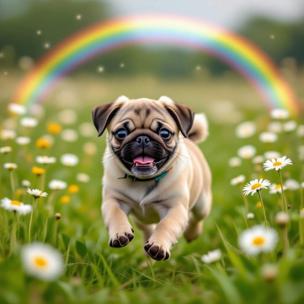 Fawn Pug Runs Through Rainbow Daisy Field