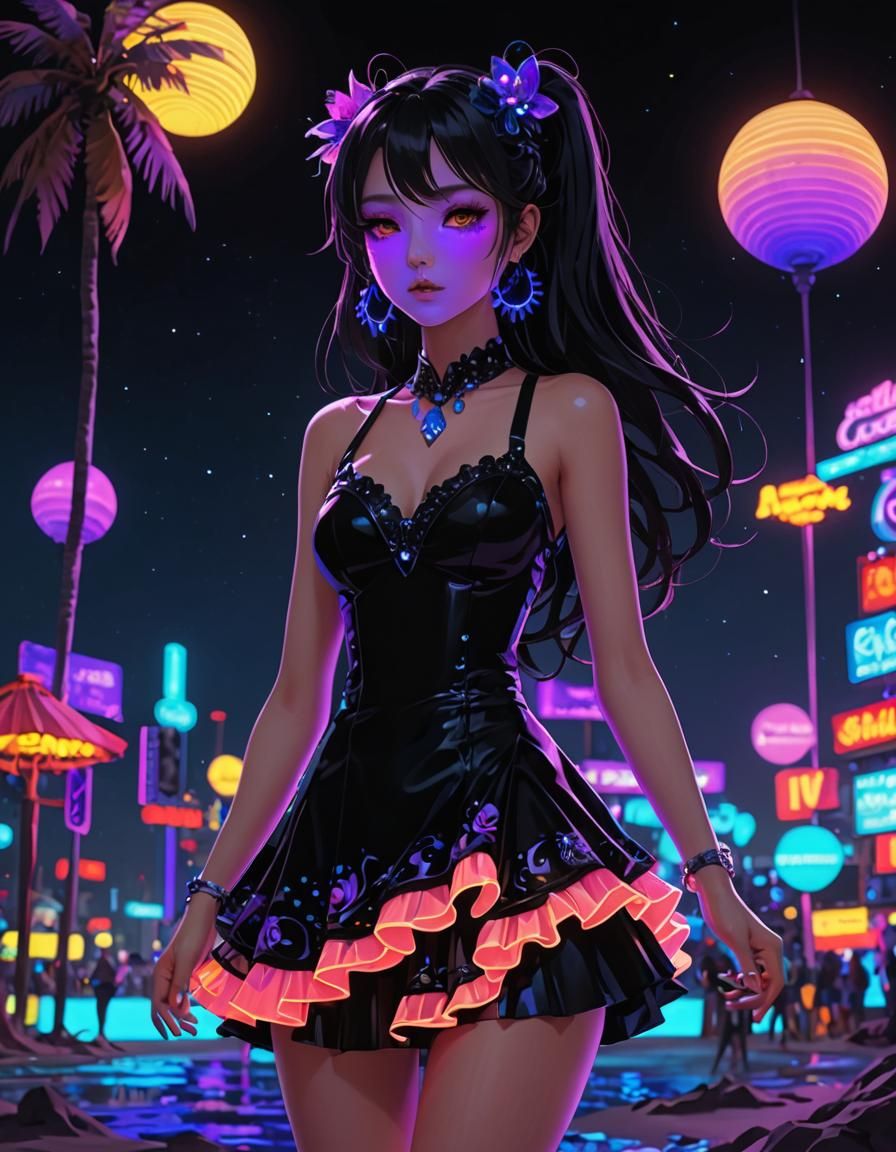 Neon Seashore: Pastel Goth Dress in Anime Style
