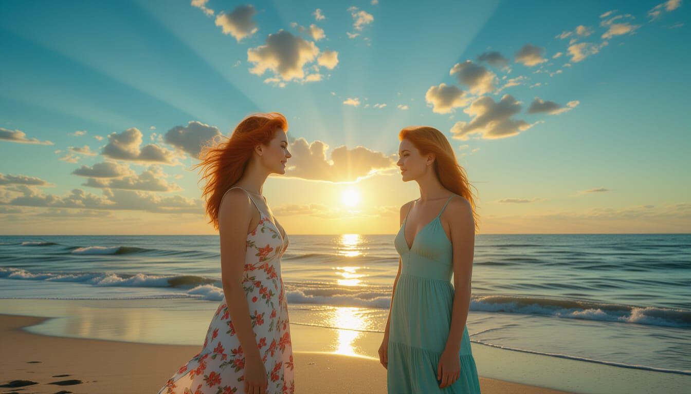 Mothers Play at Sunrise Beach in Dresses