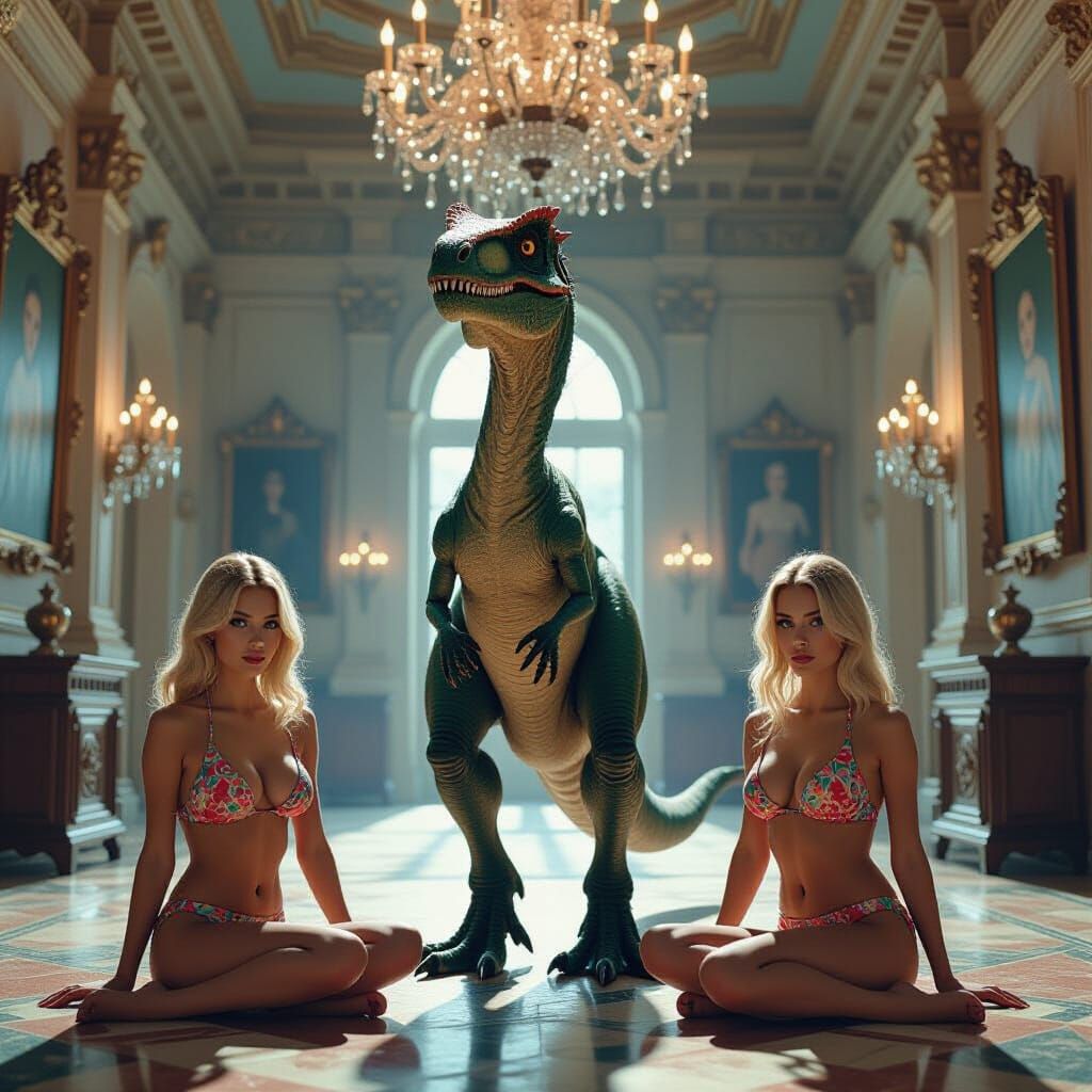 Velociraptor in Mansion with Women, Fantasy Art