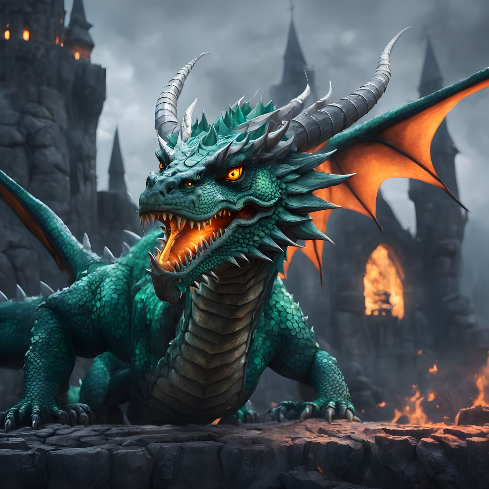 Majestic Emerald Dragon on Ancient Castle